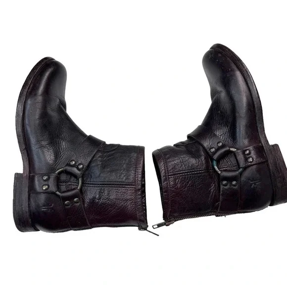 Frye Phillip Harness Distressed Dark Brown Leather Moto Ankle Boots Size 6.5 - Picture 7 of 11